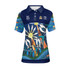 A short-sleeve ladies' polo shirt featuring a vibrant blue design with multicoloured artwork and a logo on the front.