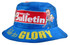 A blue bucket hat featuring various graphics and a logo, with "Ride to Glory" printed on the brim.
