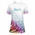 A ladies' crew neck T-shirt in white, featuring a colourful abstract design and a logo.
