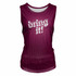 A maroon singlet featuring a print with the text “bring it!” and a logo.