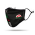 A black reusable mask featuring various graphics and a logo, with adjustable ear loops.