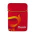 A vibrant red tablet sleeve featuring a stylised bird design and an orange drawstring. It includes a logo.