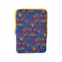 A zippered tablet sleeve featuring a vibrant, multicoloured tribal pattern on a blue background.