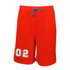 Red unisex basketball shorts featuring a blue drawstring and a white logo with the number 02.