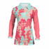 A long sleeve ladies' polo shirt featuring a pink and aqua camouflage pattern with a light blue collar.