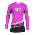 A long sleeve ladies T-shirt in pink with a black and white graphic design, featuring a number 07.