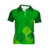 A short sleeve youth polo shirt in green with a geometric pattern and a logo on the chest.