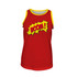 A red youth singlet with yellow trim featuring a comic-style "BOOM!" graphic. It has a logo on the back.