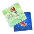 Two lens cloths featuring vibrant colours, one with a green background and floral design, the other in blue with an artistic illustration.