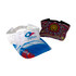 A sublimated visor duo featuring a white and blue design and a black visor with colourful patterns. Both visors have logos.