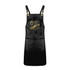 A black bib apron with removable straps, featuring a logo and a central pocket.