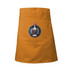 An orange waist apron with sewn-on straps and a logo on the front, featuring a large pocket.