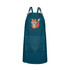 A teal bib apron featuring a cute fox design and removable straps, complete with a front pocket and branding.