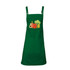 A green bib apron with sewn-on straps, featuring a cartoon vegetable design and a front pocket.