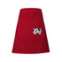 A red waist apron with removable straps and a large pocket featuring a cow design. It has a logo.