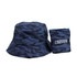 A navy camouflage bucket hat with a matching pouch. The hat has a logo on the side.