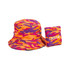 A bucket hat in vibrant orange, purple, and pink camouflage, paired with a matching pouch. It features a logo.