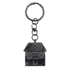 A gunmetal keychain in the shape of a house, featuring windows and a door detail.