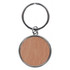 A round keychain with a silver metal finish and a wooden texture centre. It has a keyring attachment.