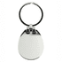 A sleek silver keychain with a smooth, rounded design and a polished finish. It features a metal ring for keys.
