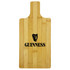 A bamboo chopping board with a handle and a logo design featuring a harp element in black.