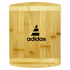 A bamboo cutting board featuring a sleek design with a logo. The board has a natural finish with a smooth surface.
