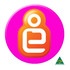 A round 32mm button badge with a vibrant pink background and a colourful logo design. It features a logo in white and orange.