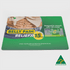 A large, rectangular counter mat featuring a vibrant design in green and yellow, with an emblem and a logo.