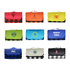 A variety of picnic blankets in bright colours and patterns featuring different logos and brand designs.