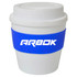 A drink bottle with a white body and blue silicone band, featuring a logo on the band.