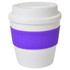 A small white cup with a purple silicone band and a lid, featuring a logo.