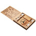A wooden cheeseboard and knife set with various cheese tools and a logo, featuring a rustic design and natural finish.