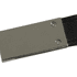 A close-up of a Hudson leather keychain, featuring a black leather strap and a metallic clasp with two screws.