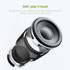 A Bluetooth speaker with a transparent casing and a prominent black speaker cone, featuring a logo.