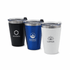 A drink bottle set featuring three tumblers in black, blue, and white with clear lids and logos.