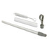 A telescopic straw in silver with a grey silicone tip, accompanied by a cleaning brush and a transparent case.
