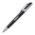 A black metal pen with a chrome clip and a branding logo on the side.