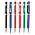 A set of six plastic pens in black, blue, red, green, purple, and orange, featuring various logos.