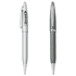 A metal pen set featuring a silver pen and a grey pen, both with branding on the body.
