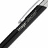A metal pen with a sleek black body and a shiny silver clip, featuring a logo on the side.