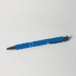 A blue metal pen with a shiny chrome clip and accents, featuring a branding logo.