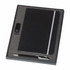 A black notebook with a silver stripe and a pen, presented in a fitted black box with a foam insert.