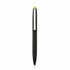 A black pen with a green top, featuring a sleek design and a branding logo on the side.