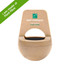 A tan wireless speaker made from plant fibre, featuring a handle and a logo on the front.