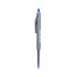 A grey plastic pen with a blue ink tip and a logo on the side.