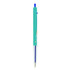 A turquoise plastic pen with a blue ink refill and a clip, featuring a logo.