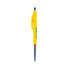 A yellow plastic pen with a blue ink tip. The pen features a logo.