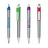 Four metal pens in silver and various colours with clips, featuring different logos.
