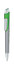 A metal pen in silver and green, featuring a sleek design and a clip. It has a small logo on the barrel.