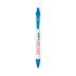 A blue and white pen with a logo and a click mechanism at the top.